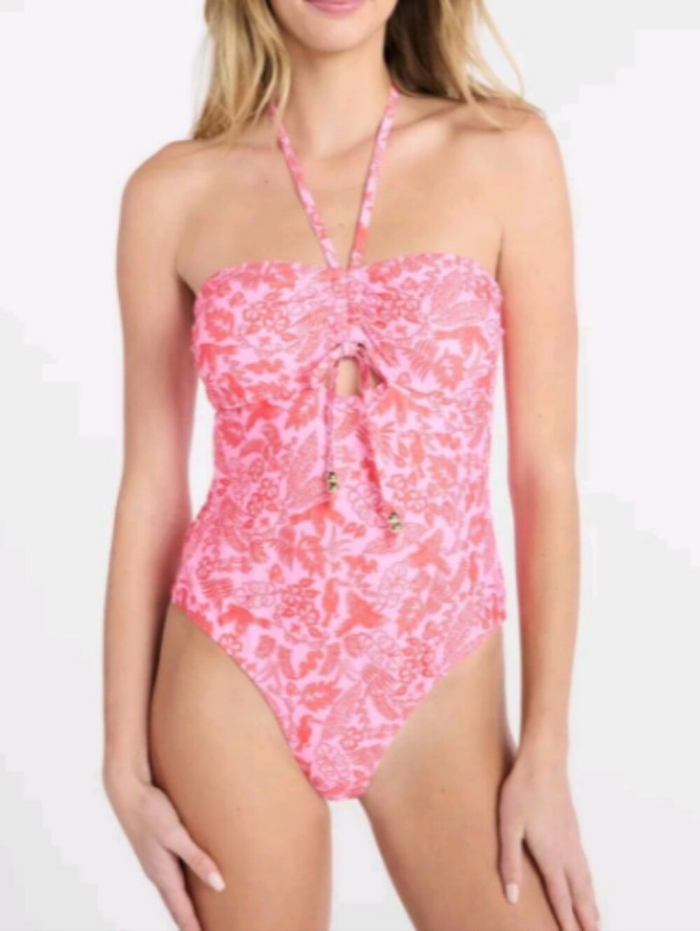 Halter Bandeau One Piece Swimsuit with Tropical Print